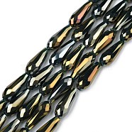 Electroplated Opaque Glass Beads Strands, Full Rainbow Plated, Faceted, Teardrop, Black, 15x6mm, Hole: 1mm, about 50pcs/Strand, 28.35 inch(72cm)(EGLA-L015-FR-B21-01)