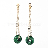 Synthetic Malachite Dangle Stud Earrings, with Brass Stud Earring Findings, Brass Cable Chains and Ear Nuts, Rondelle, 60mm, Pin: 0.8mm(EJEW-JE03730-02)