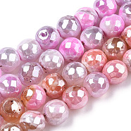 Electroplate Natural Agate Beads Strands, Dyed, Faceted, Pearl Luster Plated, Round, Orchid, 8.5x7~8mm, Hole: 1.2mm, about 47~48pcs/strand, 13.78 inch~13.98 inch(35cm~35.5cm)(G-T131-54K)