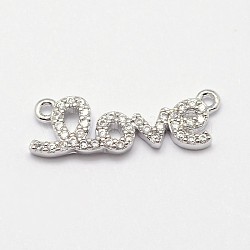 Word Love Brass Micro Pave Grade AAA Cubic Zirconia Links, Cadmium Free & Nickel Free & Lead Free, Real Platinum Plated, 6x20x2mm, Hole: 1mm(ZIRC-O022-39P-NR)