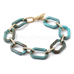 Acrylic & Aluminum Cable Chain Bracelets, with 304 Stainless Steel Toggle Clasps, Light Gold, Dark Turquoise, 8-5/8 inch(22cm)(BJEW-JB05425-01)