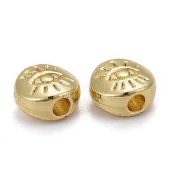 Alloy Beads, Long-Lasting Plated, Flat Round with Evil Eye, Real 18K Gold Plated, 5.5x6x3mm, Hole: 1.5mm(X-PALLOY-P221-01G)