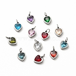 304 Stainless Steel Pendants, with Cubic Zirconia and Jump Rings, Single Stone Charms, Heart, Stainless Steel Color, Mixed Color, 9x8x3mm, Hole: 3.6mm(STAS-D189-06P)