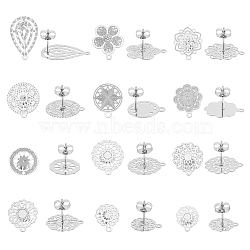 24Pcs 12 Style Filigree Flower & Flat Round & Teardrop 304 Stainless Steel Stud Earring Findings, with Horizontal Loops, Stainless Steel Color, 12.5~22.5x10.5~14.5mm, Hole: 1mm, Pin: 0.7mm, 2Pcs/style(STAS-UN0047-98)
