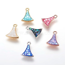 Brass Enamel Charms, with Freshwater Shell, Fan, Mixed Color, 12.5x10x2.5mm, Hole: 1.2mm(KK-E763-08)