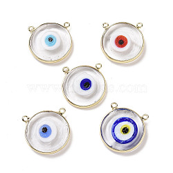 Handmade Lampwork Pendants, with Golden Plated Brass Findings, Cadmium Free & Lead Free, Flat Round with Evil Eye, Mixed Color, 21x21x4.5mm, Hole: 1.5mm(LAMP-P057-04G)