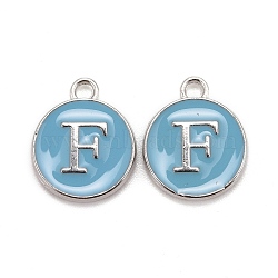 Platinum Plated Alloy Enamel Charms, Cadmium Free & Lead Free, Enamelled Sequins, Flat Round with Letter, Letter.F, 14x12x2mm, Hole: 1.5mm(ENAM-S118-04F-P)