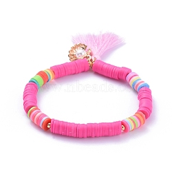 Handmade Polymer Clay Heishi Beads Stretch Bracelets, with Cotton Thread Tassel Pendants and Alloy Charms, Shell with Pearl Shape, Camellia, 2-1/8 inch(5.5cm)(BJEW-JB05088-04)