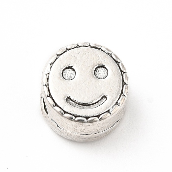 Tibetan Style Alloy European Beads, Large Hole Beads, Flat Round with Smiling Face, Antique Silver, 9.5~10x7mm, Hole: 4.5mm, about 238pcs/500g