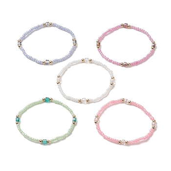 Glass Seed Bead Beaded Bracelets for Women, Brass Beads Stretch Bracelets, Mixed Color, Inner Diameter: 2-1/8 inch(5.3cm)
