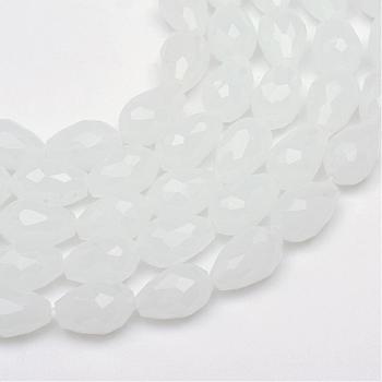 Teardrop Faceted Imitation Jade Glass Beads Strands, White, 11~12x8mm, Hole: 1.5mm, about 60pcs/strand, 27 inch