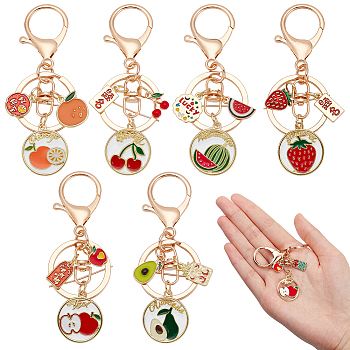 6Pcs 6 Style Fruit Alloy Enamel Pendant Keychain with Lucky Charm, for Keychain, Purse, Backpack Ornament, Mixed Patterns, 8.5cm, 1pc/style