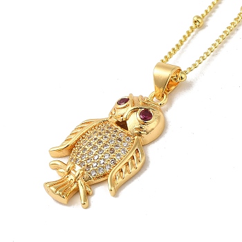 Brass Micro Pave Cubic Clear Zirconia Pendants Necklaces, Curb Chain Necklaces, Real 18K Gold Plated, Owl, 17.32 inch(44cm)