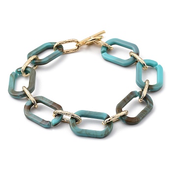 Acrylic & Aluminum Cable Chain Bracelets, with 304 Stainless Steel Toggle Clasps, Light Gold, Dark Turquoise, 8-5/8 inch(22cm)