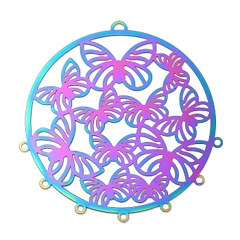 201 Stainless Steel Chandelier Component Links, Etched Metal Embellishments, Flat Round with Butterfly, Rainbow Color, 60.5x58x0.2mm, Hole: 1.8mm & 3mm
