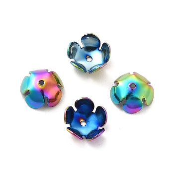 Ion Plating(IP) 304 Stainless Steel Bead Caps, Flower, 5-Petal, Rainbow Color, 8x8x3mm, Hole: 1mm