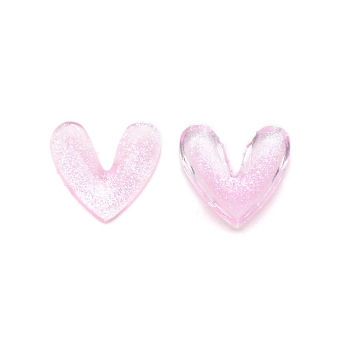 3D Heart with Glitter Powder Resin Cabochons, Nail Art Studs, Nail Art Decoartion Accessories, Pink, 9.5x9.5x2mm, about 30pcs/bsg