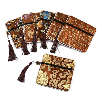 Chinese Brocade Tassel Zipper Jewelry Bag Gift Pouch, Square with Flower Pattern, Coffee, 11.5~11.8x11.5~11.8x0.4~0.5cm