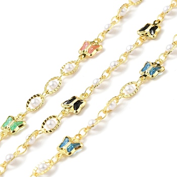 Handmade Eco-friendly Brass Oval & Butterfly Link Chain, with Glass & CCB Beaded, Long-Lasting Plated, Golden, Soldered, with Spool, Colorful, 11x7x2mm