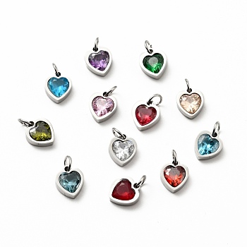 304 Stainless Steel Pendants, with Cubic Zirconia and Jump Rings, Single Stone Charms, Heart, Stainless Steel Color, Mixed Color, 9x8x3mm, Hole: 3.6mm