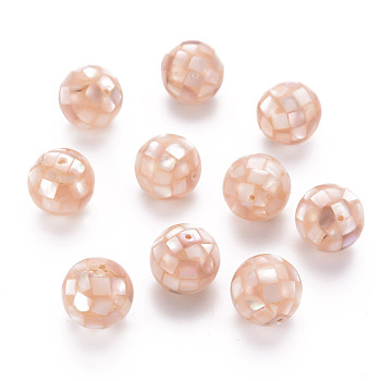 Resin Beads, with Natural Pink Shell, Round, PeachPuff, 14.5mm, Hole: 1mm