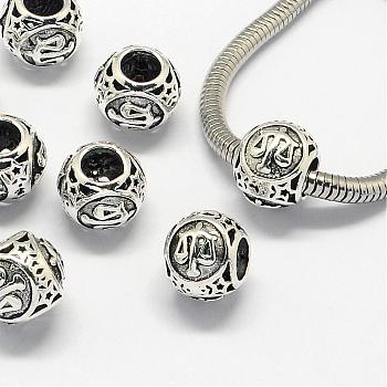 Alloy European Beads, Large Hole Rondelle Beads, with Constellation/Zodiac Sign, Antique Silver, Libra, 10.5x9mm, Hole: 4.5mm