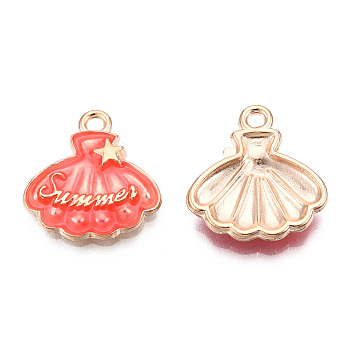 Alloy Enamel Pendants, Light Gold, Shell/Scallop with Star & Word Summer, Tomato, 17.5x16.5x3mm, Hole: 1.6mm