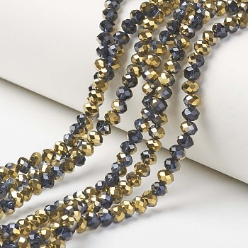 Electroplate Transparent Glass Beads Strands, Half Golden Plated, Faceted, Rondelle, Prussian Blue, 4x3mm, Hole: 0.4mm, about 130pcs/strand, 16.54 inch(42cm)