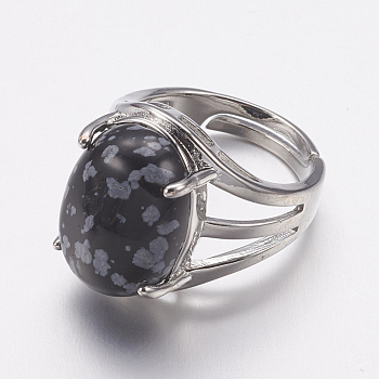 Natural Snowflake Obsidian Wide Band Finger Rings, with Brass Ring Findings, Oval, 18mm