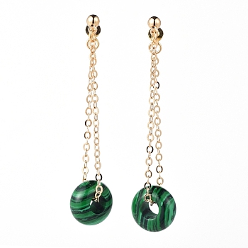 Synthetic Malachite Dangle Stud Earrings, with Brass Stud Earring Findings, Brass Cable Chains and Ear Nuts, Rondelle, 60mm, Pin: 0.8mm