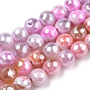 Electroplate Natural Agate Beads Strands, Dyed, Faceted, Pearl Luster Plated, Round, Orchid, 8.5x7~8mm, Hole: 1.2mm, about 47~48pcs/strand, 13.78 inch~13.98 inch(35cm~35.5cm)