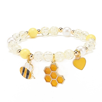 Acrylic Imitation Pearl Stretch Bracelet, Alloy Enamel Bee Heart Charms Bracelet for Women, Light Goldenrod Yellow, Inner Diameter: 2-1/4 inch(5.8cm)