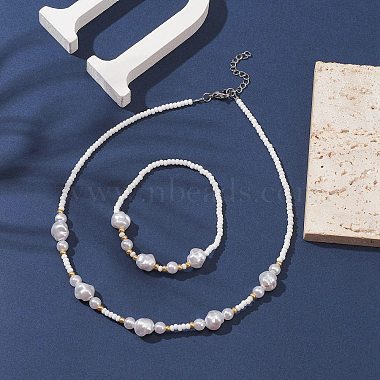 ABS Plastic Imitation Pearl Beaded Stretch Bracelet & Beaded Necklace(SJEW-JS01278)-2