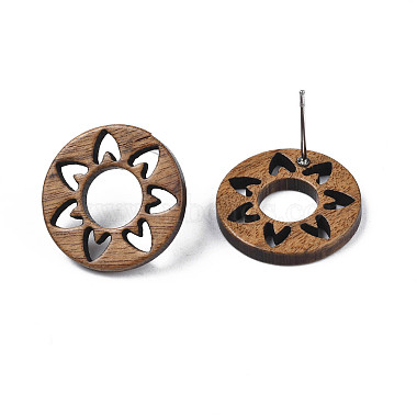 Donut with Flower Walnut Wood Stud Earrings with 316 Stainless Steel Pin for Women(X-EJEW-N017-007)-3