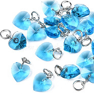 Faceted Transparent Glass Charms, with Iron Jump Ring, Heart, Deep Sky Blue, 13~14x10x5~6mm, Hole: 4mm(GLAA-T024-04E)