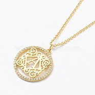 Brass Micro Pave Clear Cubic Zirconia Pendant Necklaces, Flat Round with Letter, Real 18K Gold Plated, Letter.A, 16.14~17.20 inch(41~43.7cm)(NJEW-E153-01A)