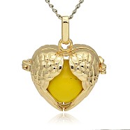 Golden Tone Brass Hollow Heart Cage Pendants, with No Hole Spray Painted Brass Ball Beads, Gold, 28x30x16mm, Hole: 3x8mm(KK-J241-08G)