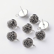 Half Round Brass Grade A Rhinestone Stud Earring Findings, with Loop, Platinum, 18x14x5~6mm, Hole: 2mm, Pin: 0.9mm(RB-O028-04)