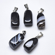 Natural Banded Agate/Striped Agate Pendants, Dyed, with Stainless Steel Snap On Bails, Cuboid, Stainless Steel Color, Black, 20~23x9~13x9~13mm, Hole: 3~4x7~8.5mm(G-T122-20G)