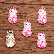 Alloy Enamel Pendants, Light Gold, Cat Charm, Hot Pink, 25x14mm(PW-WG79027-01)