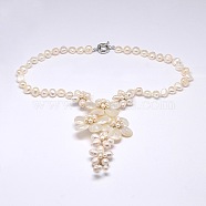 Flower Pearl Bib Statement Necklaces, with Brass Spring Ring Clasps and Shell Beads, PapayaWhip, 19.2 inch(NJEW-N0014-36)
