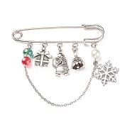 Christmas Gift Box & Snowflake & Santa Claus Charms Alloy Safety Pin Brooch, Glass Pearl Beaded Lapel Pin for Women, Antique Silver & Platinum, 70mm(JEWB-TA00001)
