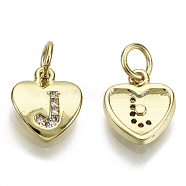 Brass Micro Pave Clear Cubic Zirconia Charms, with Jump Ring, Heart with Letter, Real 16K Gold Plated, Nickel Free, Letter.J, 10x9x2mm, Jump Ring: 5x1mm, 3mm inner diameter(KK-N227-34J-NF)