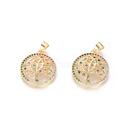 Brass Micro Pave Cubic Zirconia Pendants, Long-Lasting Plated, Flat Round with Tree of Life, Colorful, Golden, 21x18x3mm, Hole: 5x3mm(KK-I657-28G)