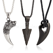 3Pcs 3 Styles Horn & Spearpoint & Wolf 304 Stainless Steel Pendant Necklaces Set with Wax Rope for Men Women, Electrophoresis Black, 21.65~24.41 inch(55~62cm), 1Pc/style(NJEW-AN0001-45)