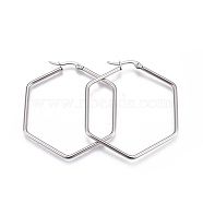 201 Stainless Steel Hoop Earrings, with 304 Stainless Steel Pin, Hexagon, Stainless Steel Color, 12 Gauge, 45x40.5x2mm, Pin: 0.8mm(X-EJEW-A052-25A)