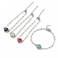 K9 Glass Rhinestone Link Bracelets, with 304 Stainless Steel Paperclip Chains & Lobster Claw Clasps, Flat Round, Mixed Color, 8-1/2 inch(21.5cm)(BJEW-JB05355)