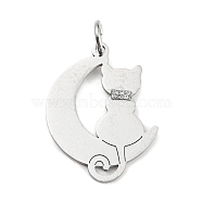 304 Stainless Steel Pendants, with Jump Ring and Glitter, Stamping Blank Tag, Moon with Cat Charm, Stainless Steel Color, 28.5x19.5x1mm, Hole: 4mm(STAS-E205-04P)