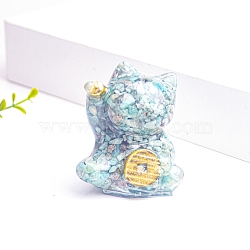 Resin Fortune Cat Display Decoration, with Natural Amazonite Chips inside Statues for Home Office Decorations, 55x40x60mm(PW-WG70599-12)