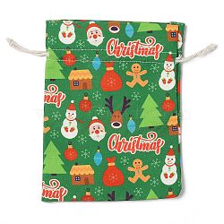 Christmas Theme Cloth Printed Storage Bags, Drawstring Bags, Rectangle, Lime Green, 20x15x0.4cm(ABAG-F010-02C-02)